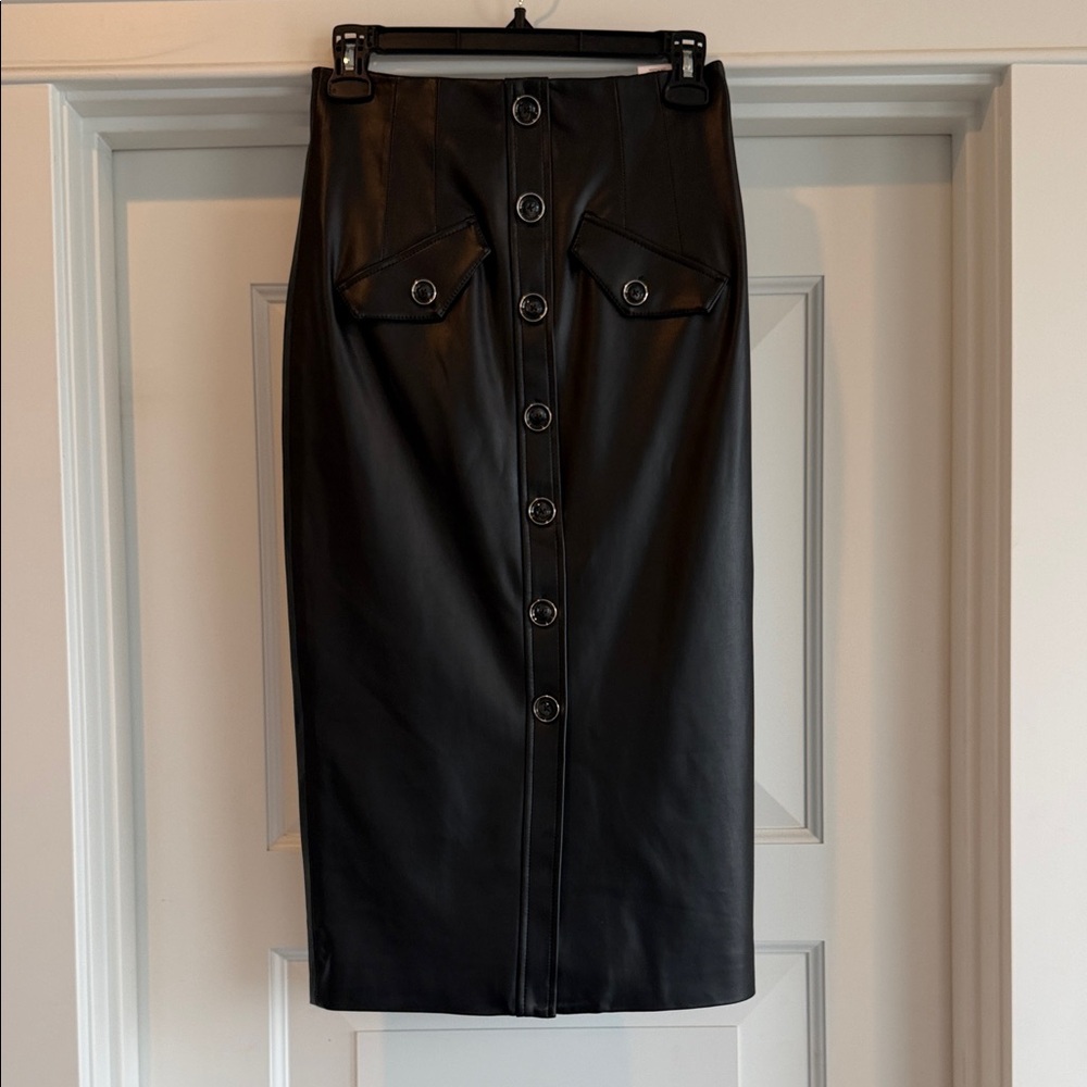 Veronica Beard Black Faux Leather Button-Front Midi Skirt